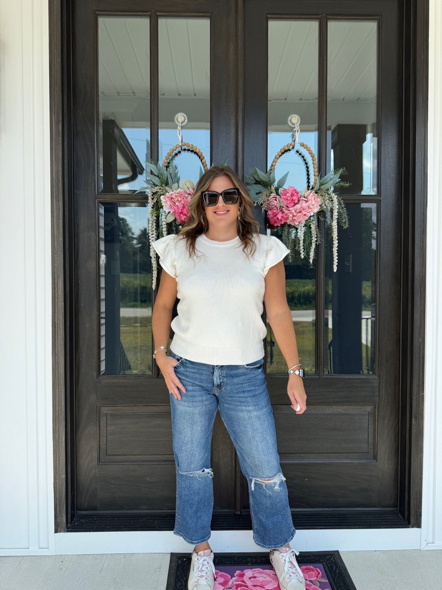 Pearl Accent Flutter Sleeve Sweater Top