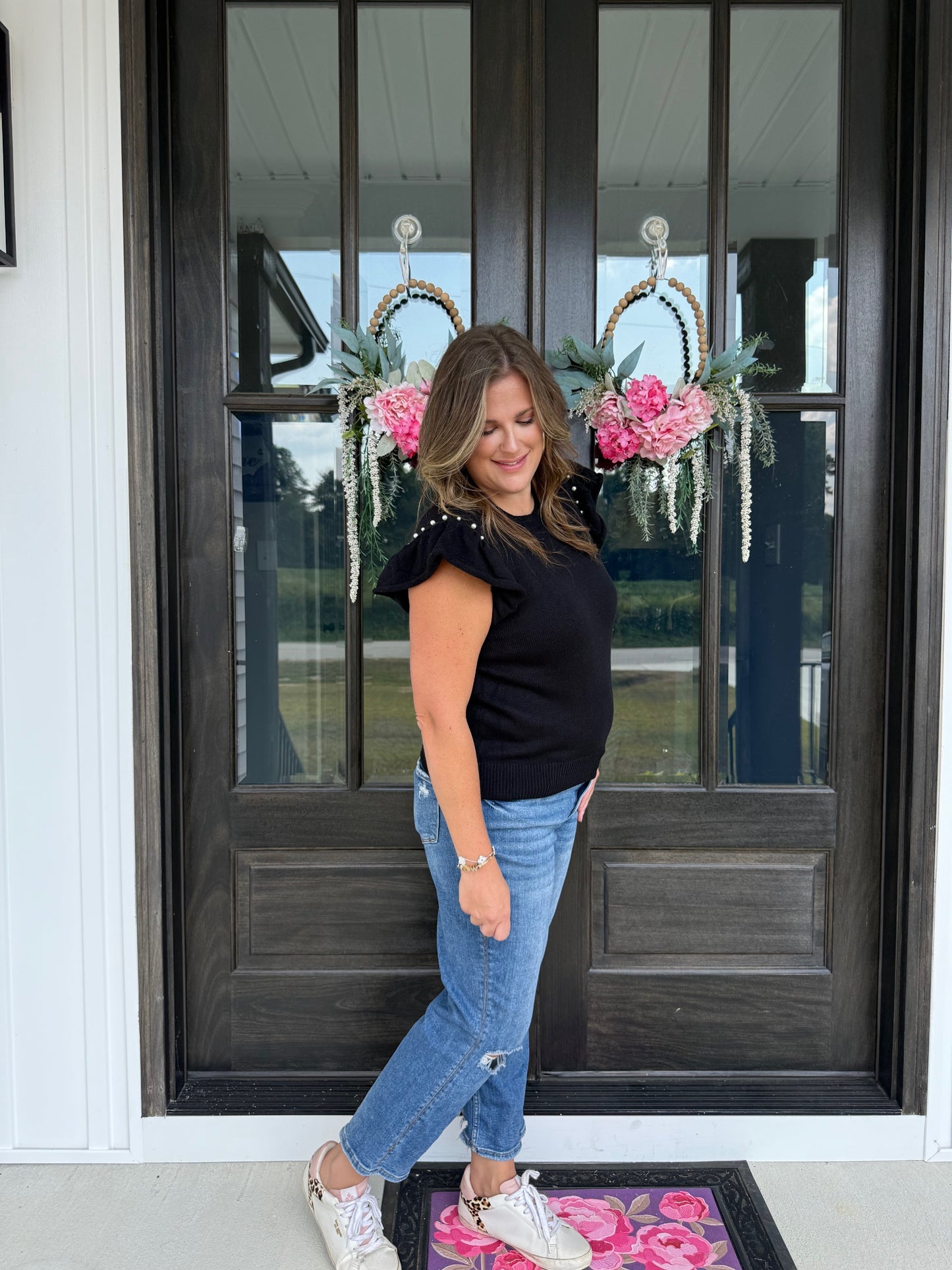 Pearl Accent Flutter Sleeve Sweater Top