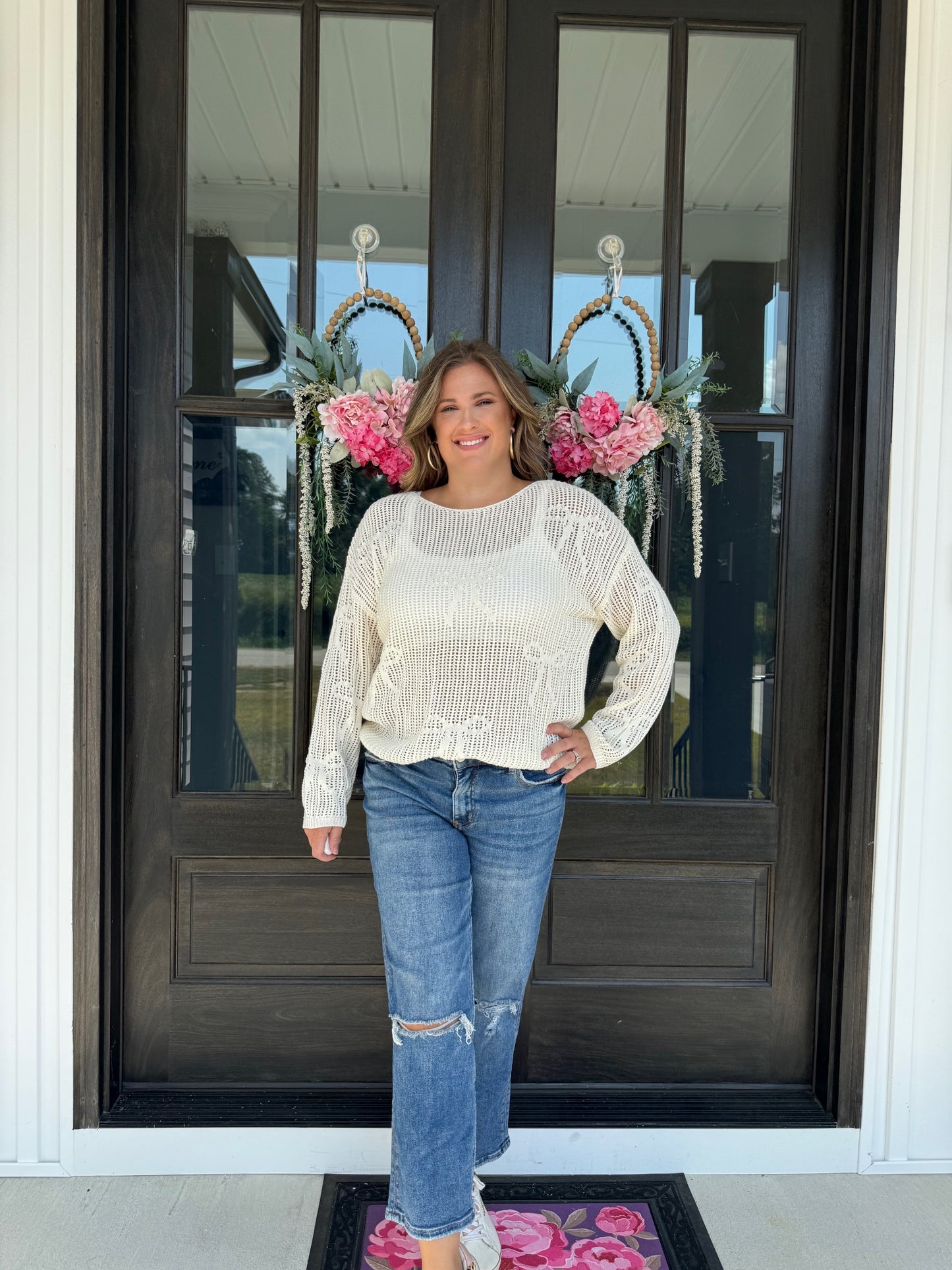 Ribbon Bow Crochet Sweater Top