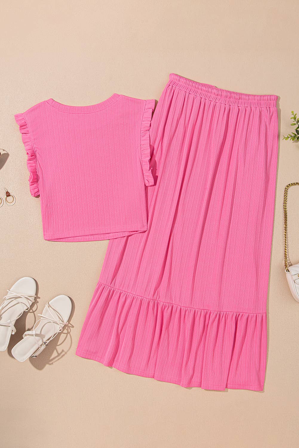 Textured Ruffled Crop Vest Long Skirt Set | S-XL