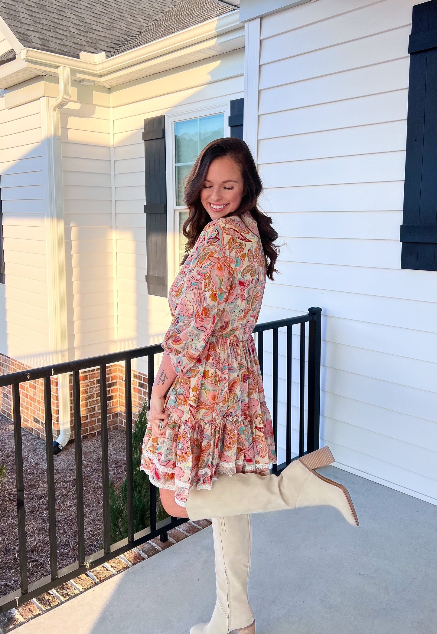 Western Paisley Floral Tiered Dress with Lace Trim