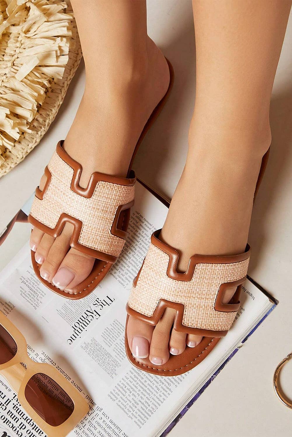 Raffia Detail Hollowed Open Toe Sandals