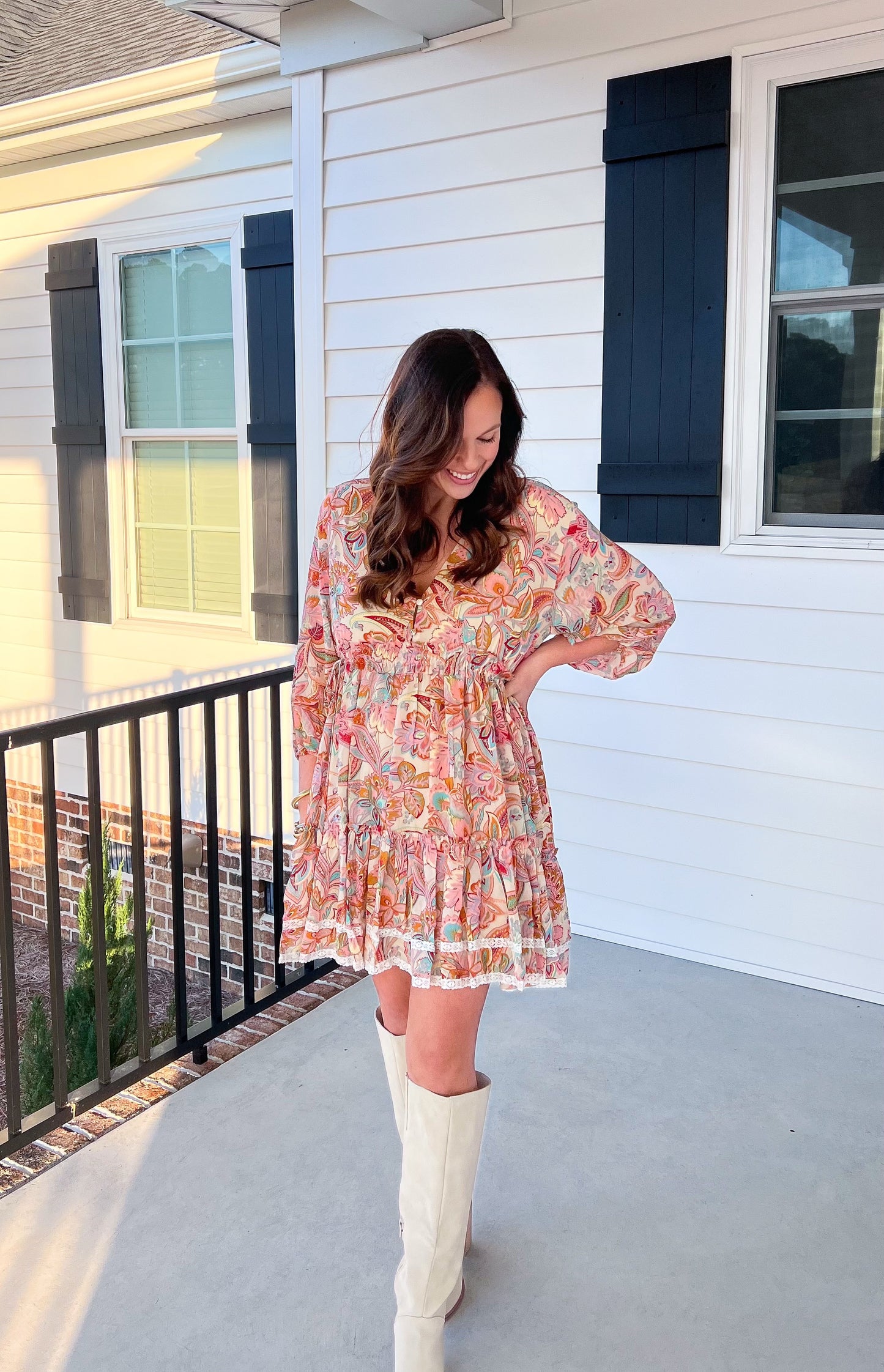 Western Paisley Floral Tiered Dress with Lace Trim