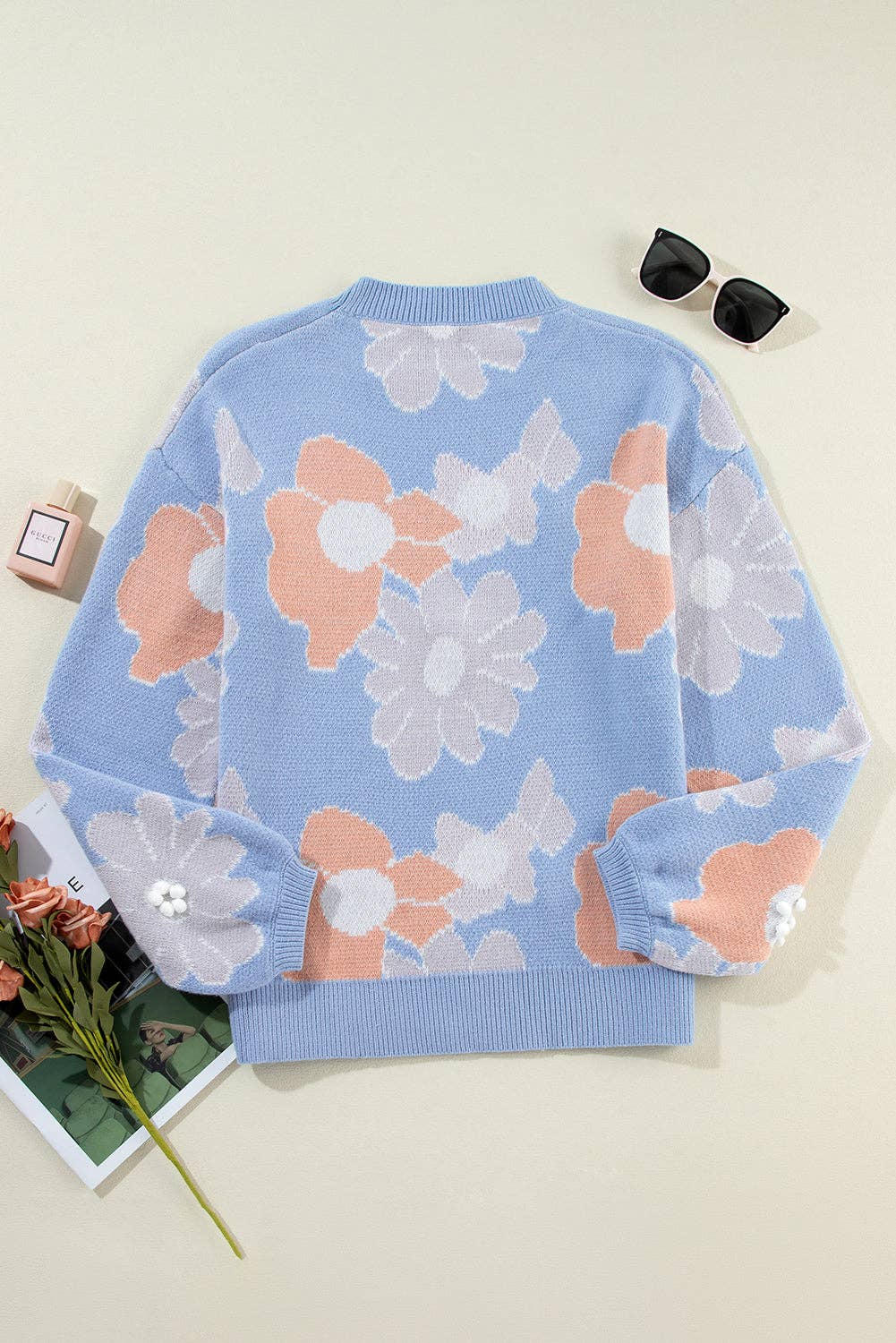 Floral Knit Drop Shoulder Sweater