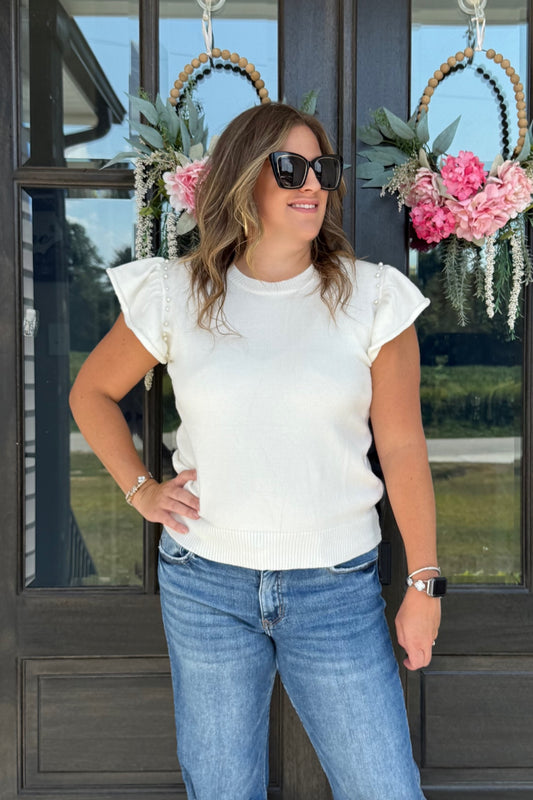 Pearl Accent Flutter Sleeve Sweater Top