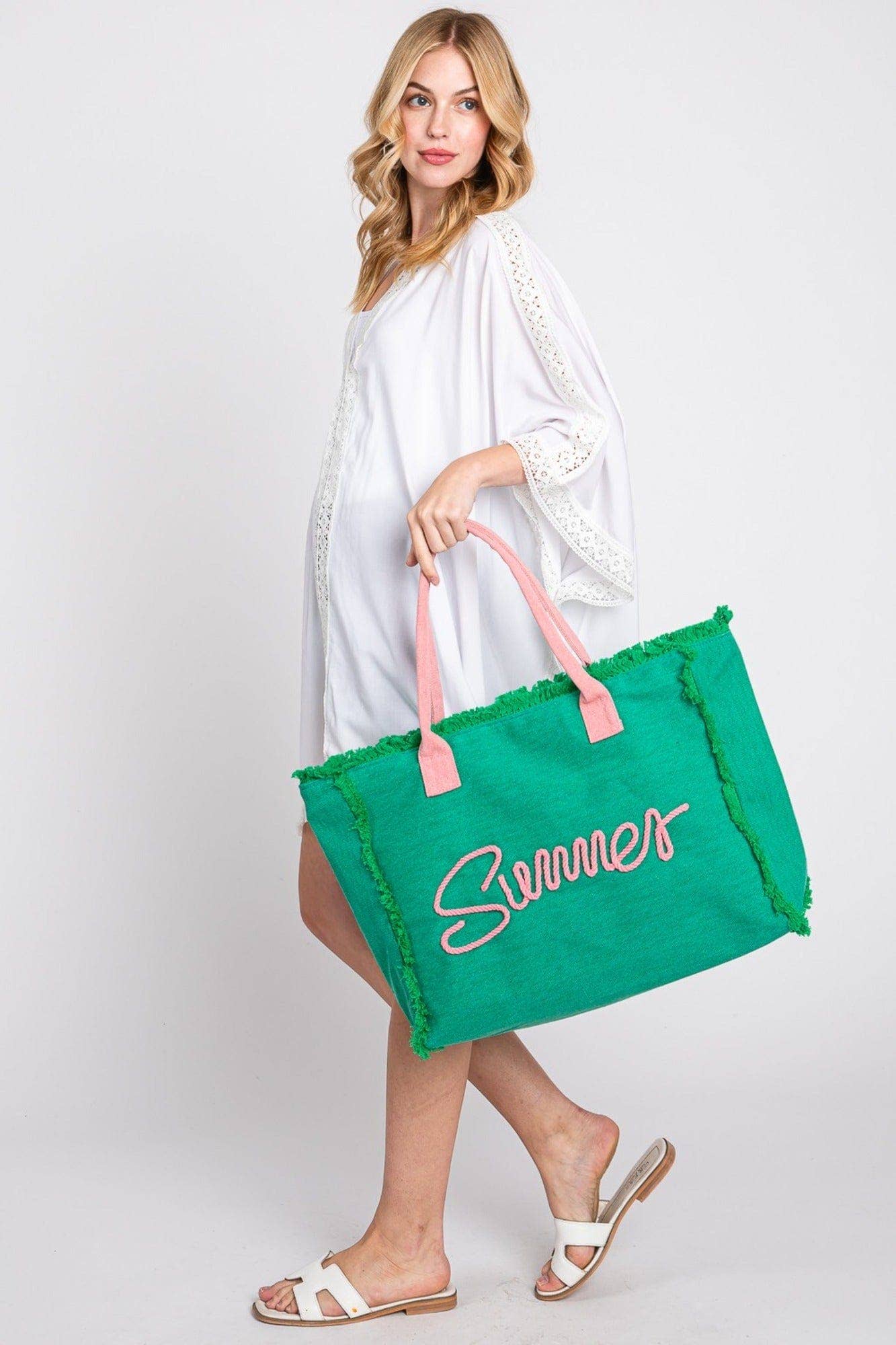 Sewn Rope Summer Letter Fringe Tote Bag