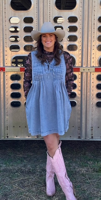 V-neck Puff Sleeve Denim Dress