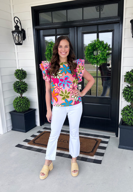 Tropical Bloom Ricrac Ruffle Sleeve Top