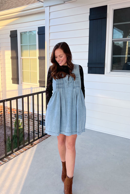 V-neck Puff Sleeve Denim Dress