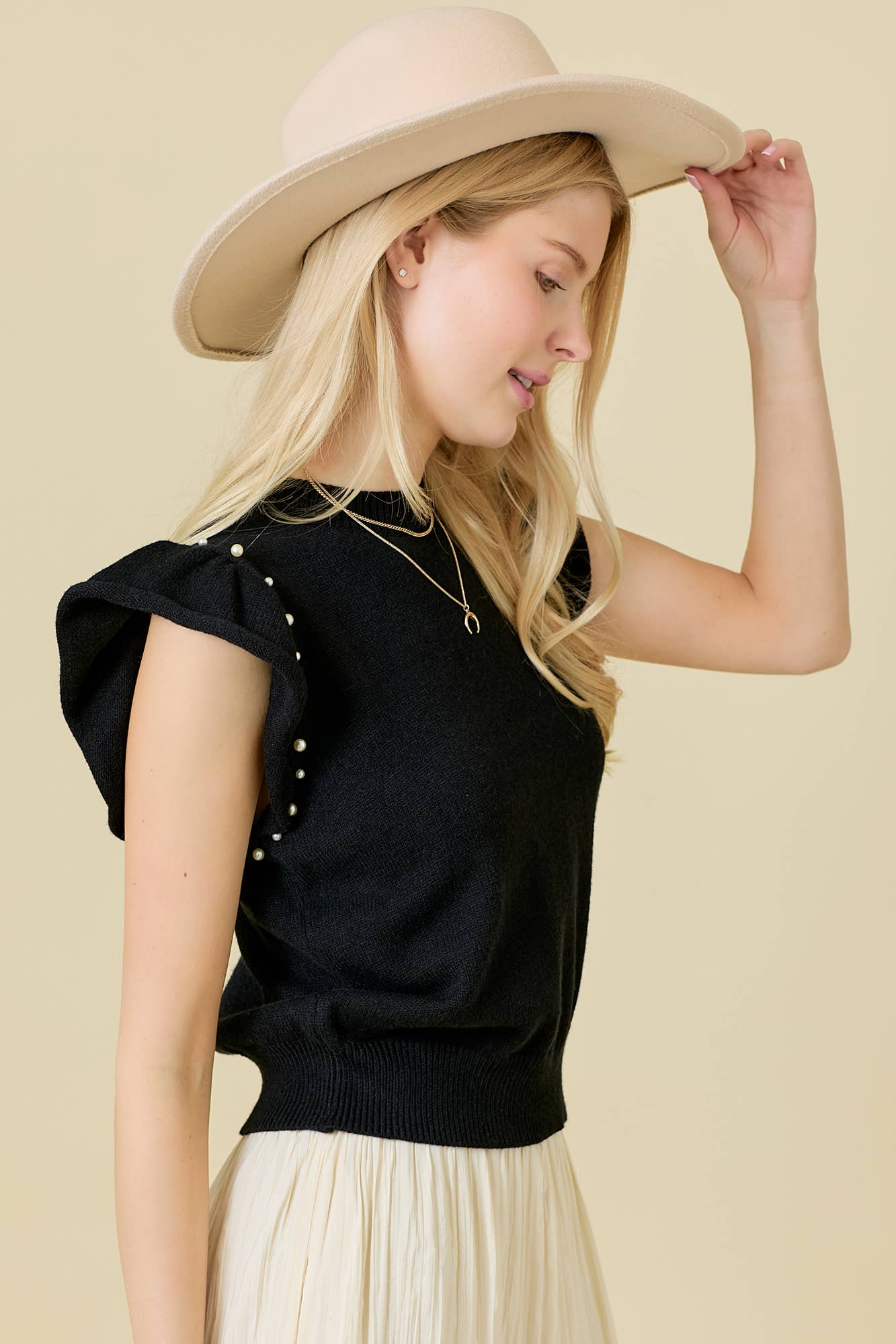 Pearl Accent Flutter Sleeve Sweater Top