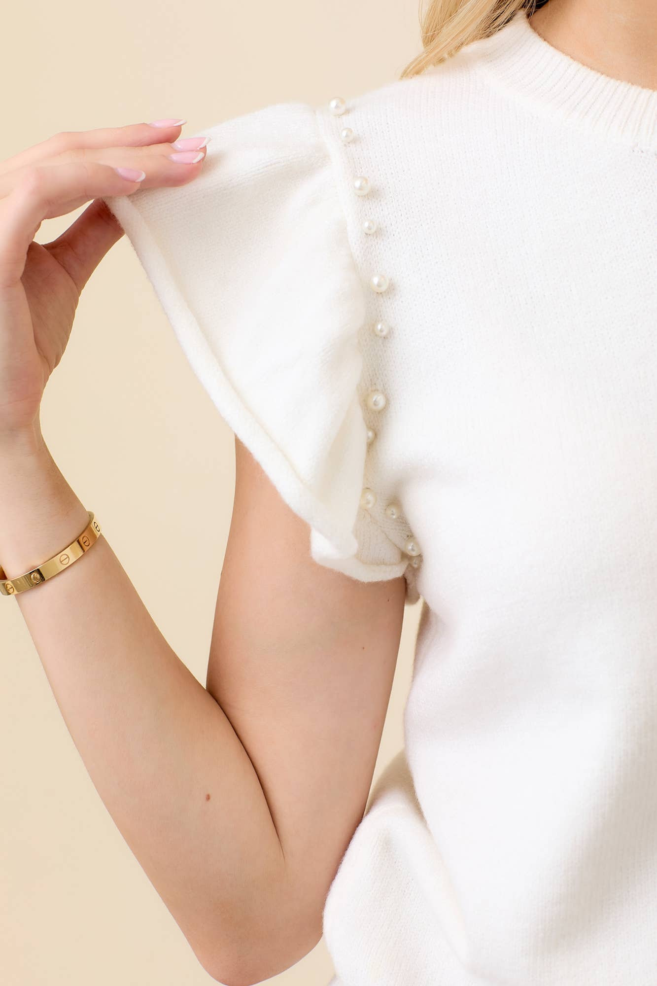 Pearl Accent Flutter Sleeve Sweater Top