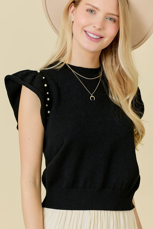 Pearl Accent Flutter Sleeve Sweater Top