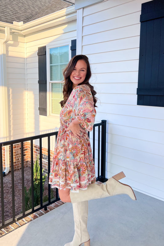 Western Paisley Floral Tiered Dress with Lace Trim