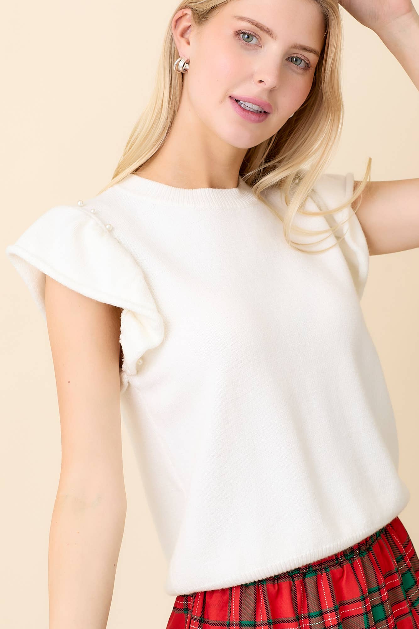 Pearl Accent Flutter Sleeve Sweater Top