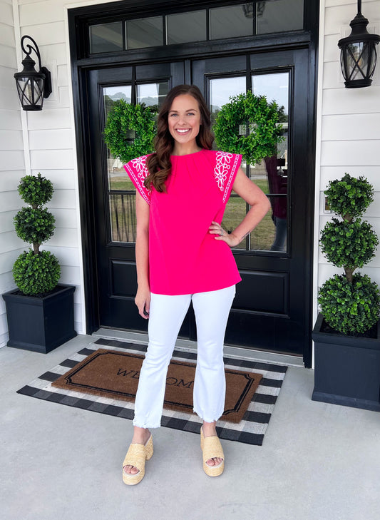 Pink Petal Embroidered Flutter Sleeve Blouse