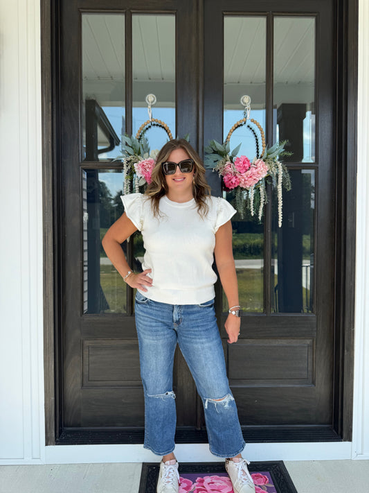 Pearl Accent Flutter Sleeve Sweater Top
