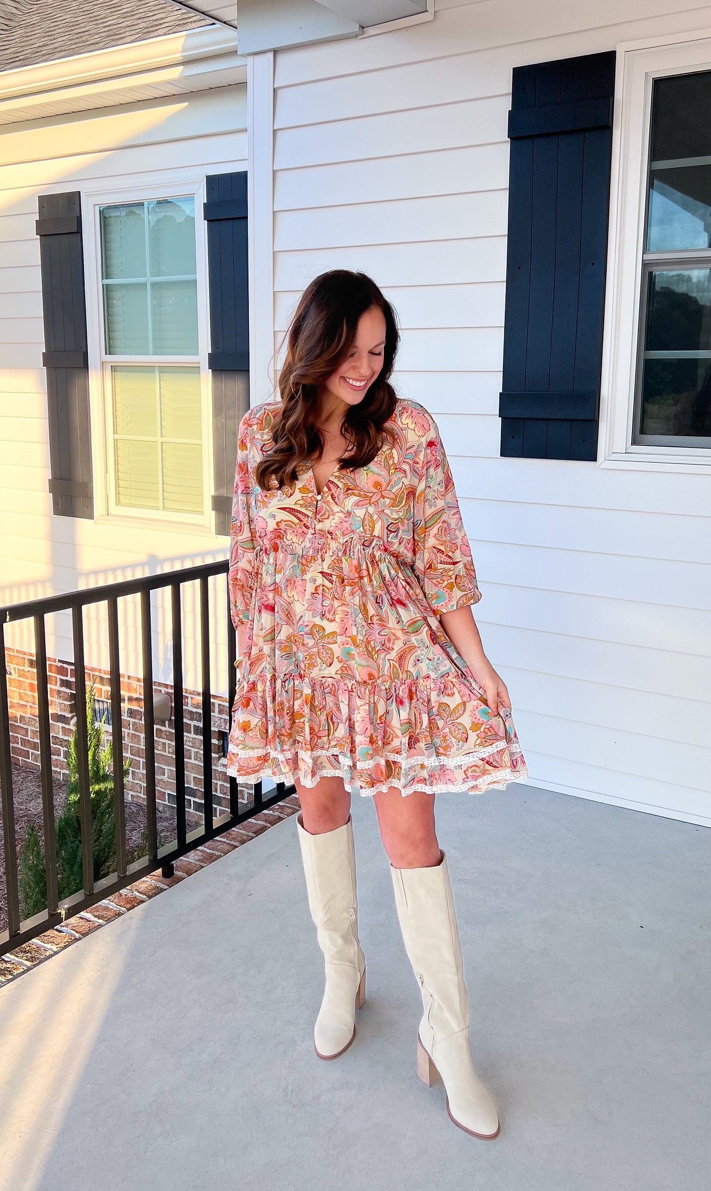 Western Paisley Floral Tiered Dress with Lace Trim