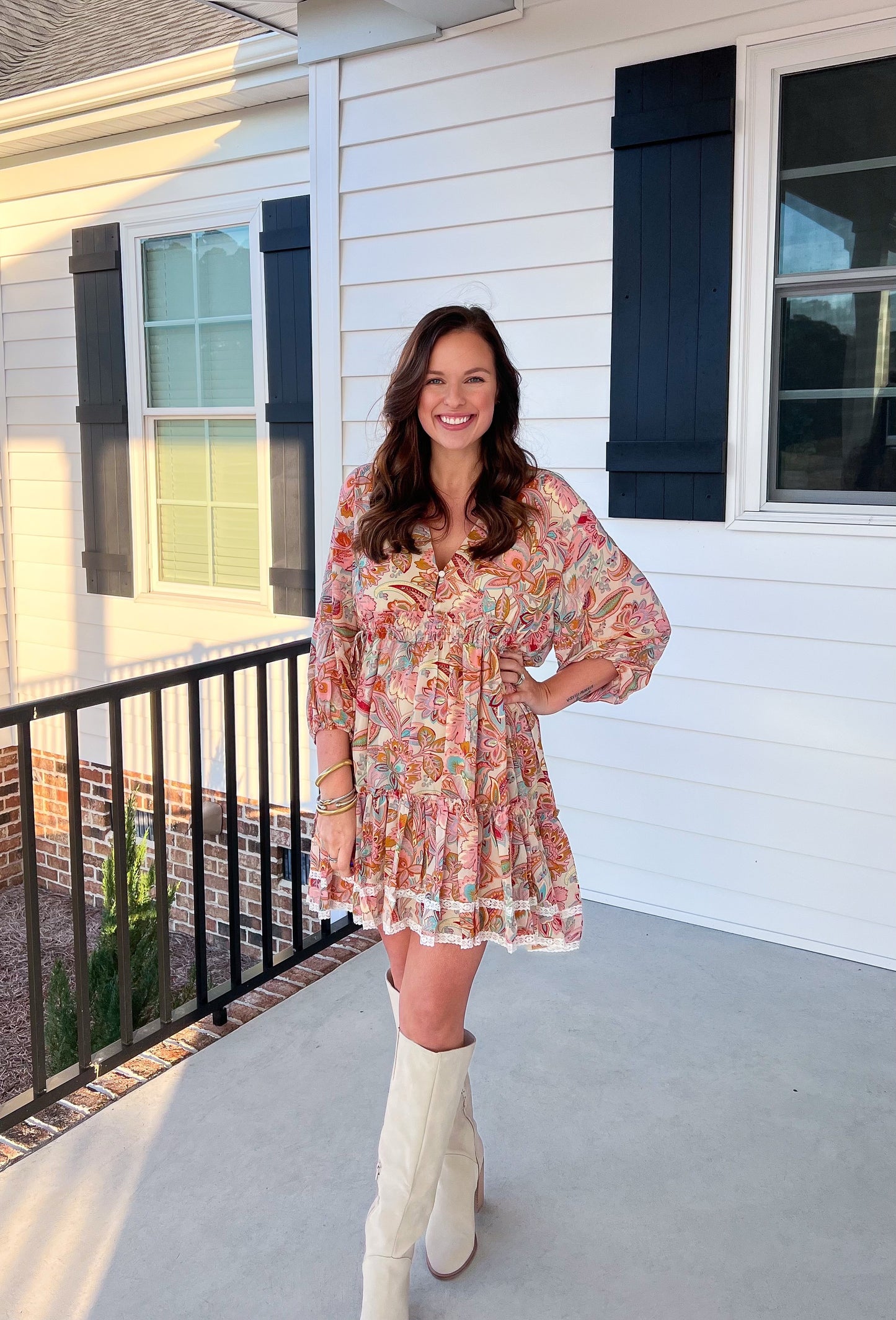 Western Paisley Floral Tiered Dress with Lace Trim