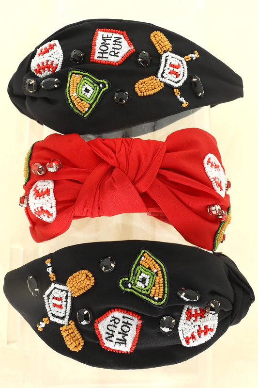 A set of three knotted headbands in black and red, featuring beaded baseball-themed designs, including home plates, bats, and the phrase "Home Run."