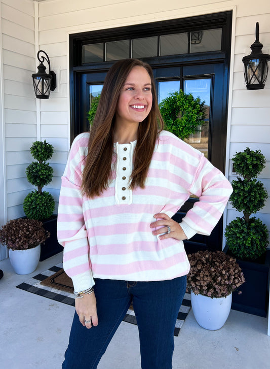 Stripe Half Buttoned Drop Shoulder Sweater