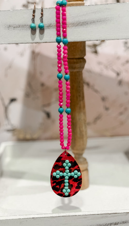 Pink and Turquoise Cross Beaded Necklace Set