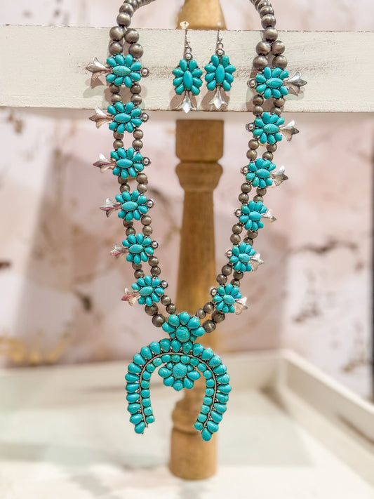 Western Turquoise Squash Blossom Necklace Set