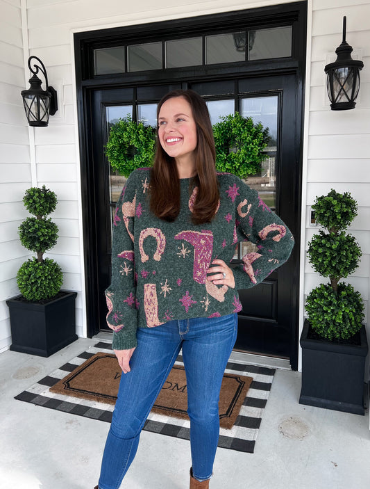 Green Western Boot Sweater