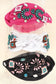 A set of three knotted headbands in pink, black, and white, featuring intricate beaded floral and geometric designs with turquoise accents and rhinestones.