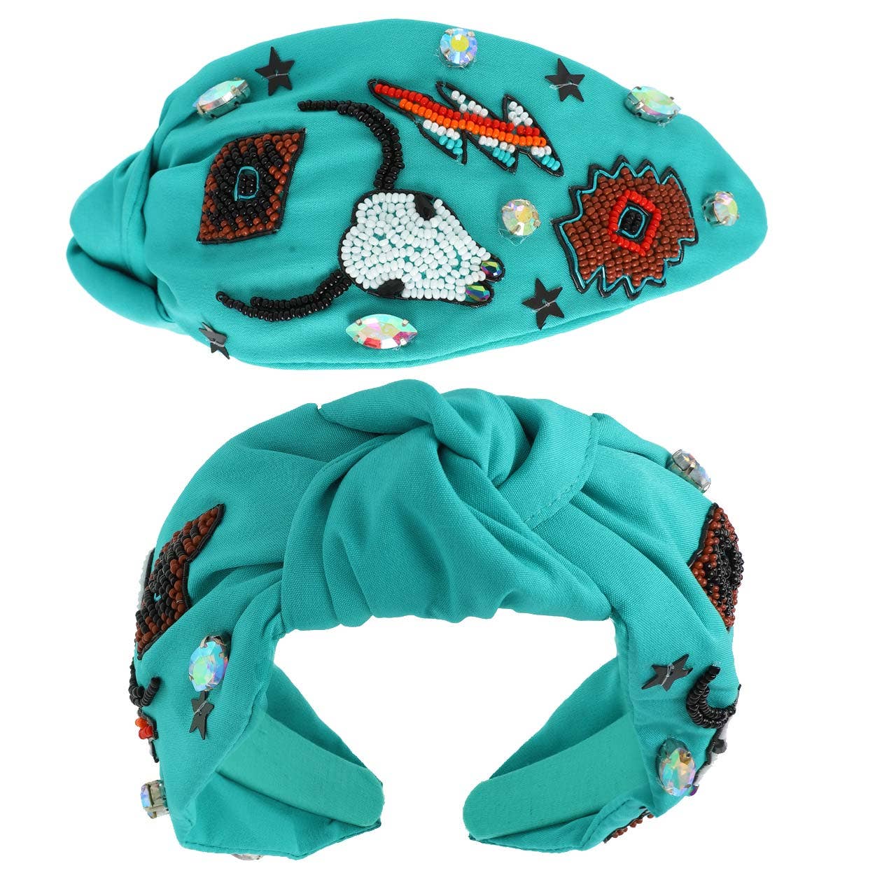  A turquoise knotted headband featuring intricate beaded designs of a steer skull, lightning bolt, and Western-inspired patterns.