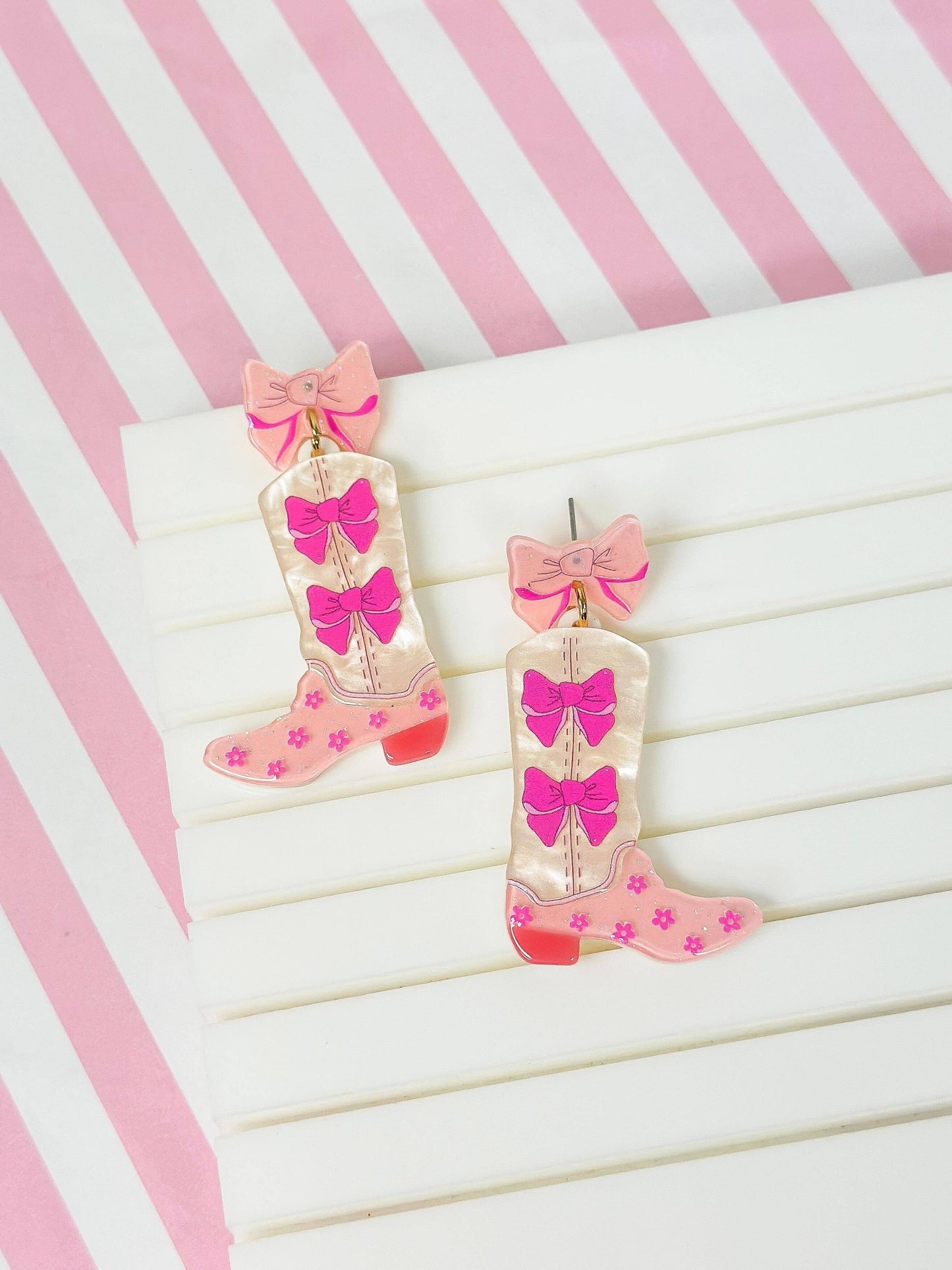 Pink Bow Boot Dangle Earrings