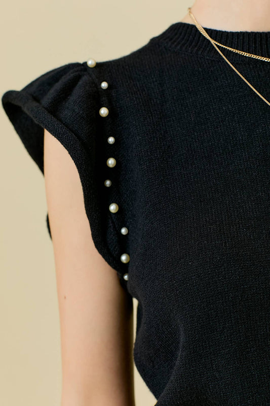 Pearl Accent Flutter Sleeve Sweater Top