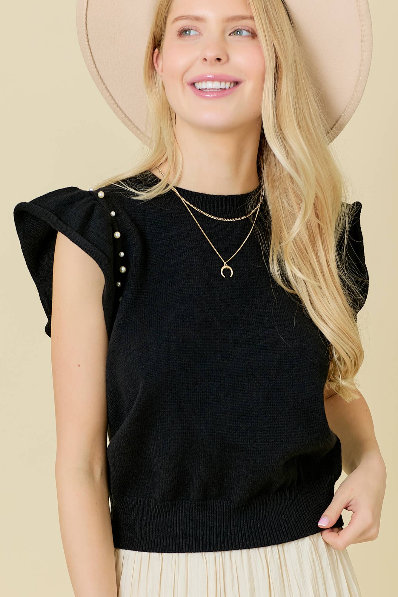 Pearl Accent Flutter Sleeve Sweater Top