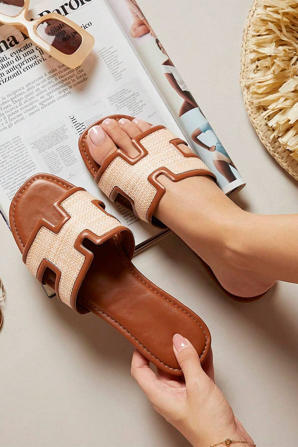 Raffia Detail Hollowed Open Toe Sandals