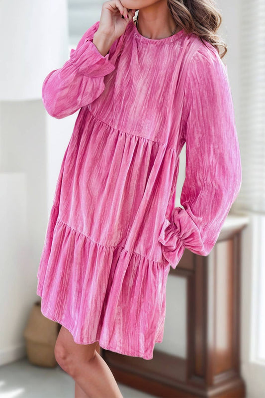 Cute Velvet Ruffled Long Sleeve Tiered Mini Dress | S-XL