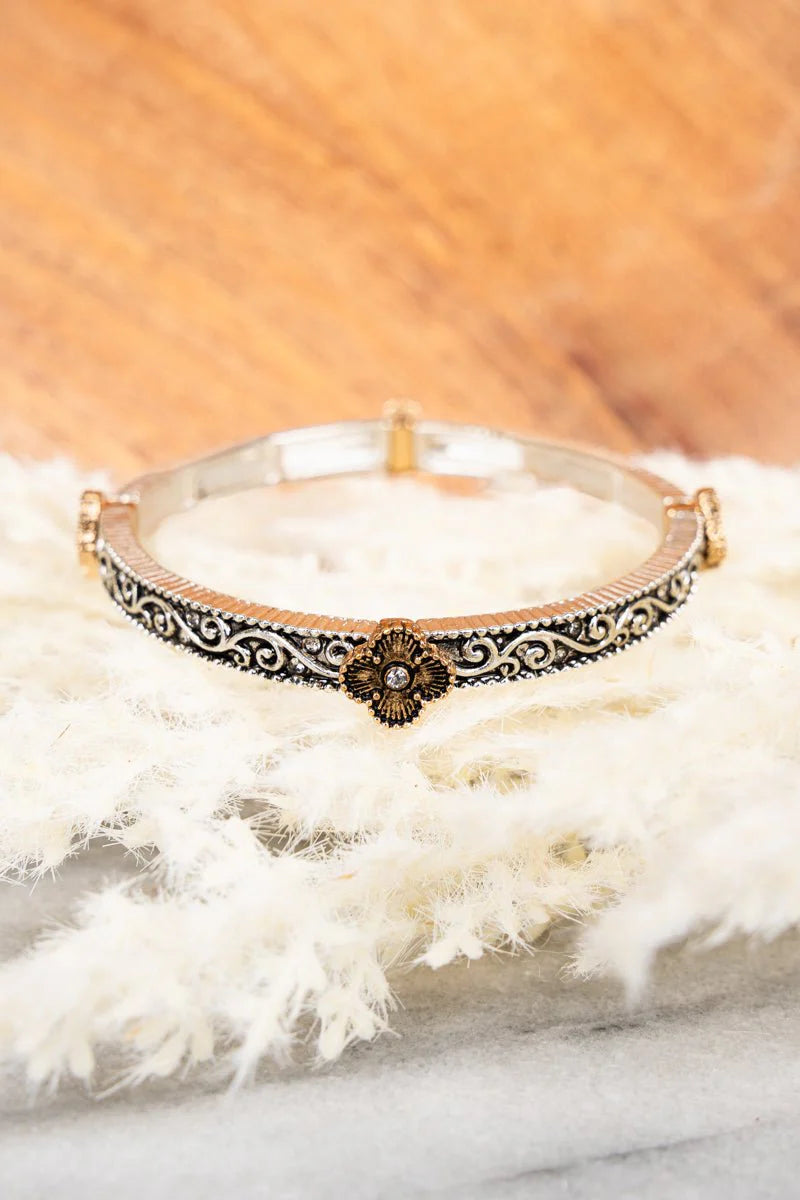 Two-Tone Crystal Quatrefoil Textured Bracelet