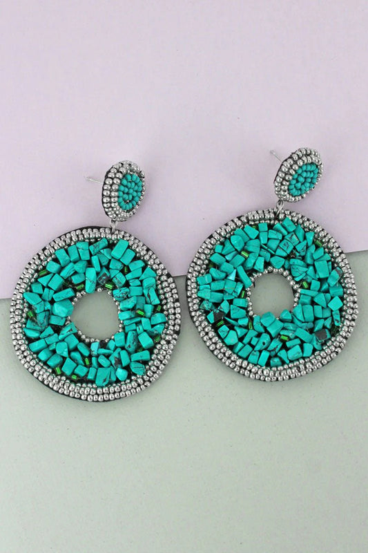 Turquoise & Silver Chip Stone and Seed Bead Circle Earrings