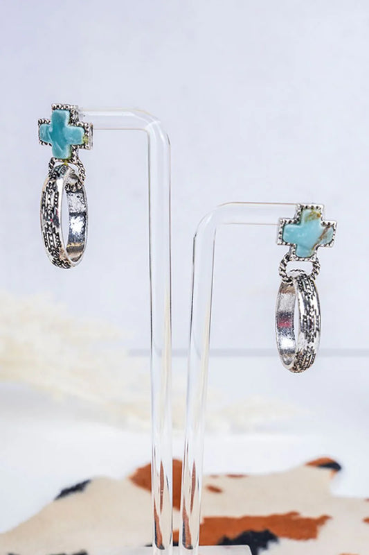 Turquoise and Silver Boulder Bay Cross Hoop Earrings